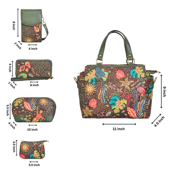 5-Pc Women’s Combo Set–Printed Fabric Satchel, Phone Wallet, Wristlet & Pouches - Picture 2 of 9